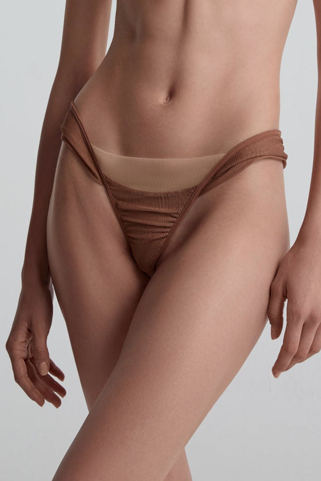 Her Senses Silk-Mesh mid-rise briefs in toffee – Available at PERSEI