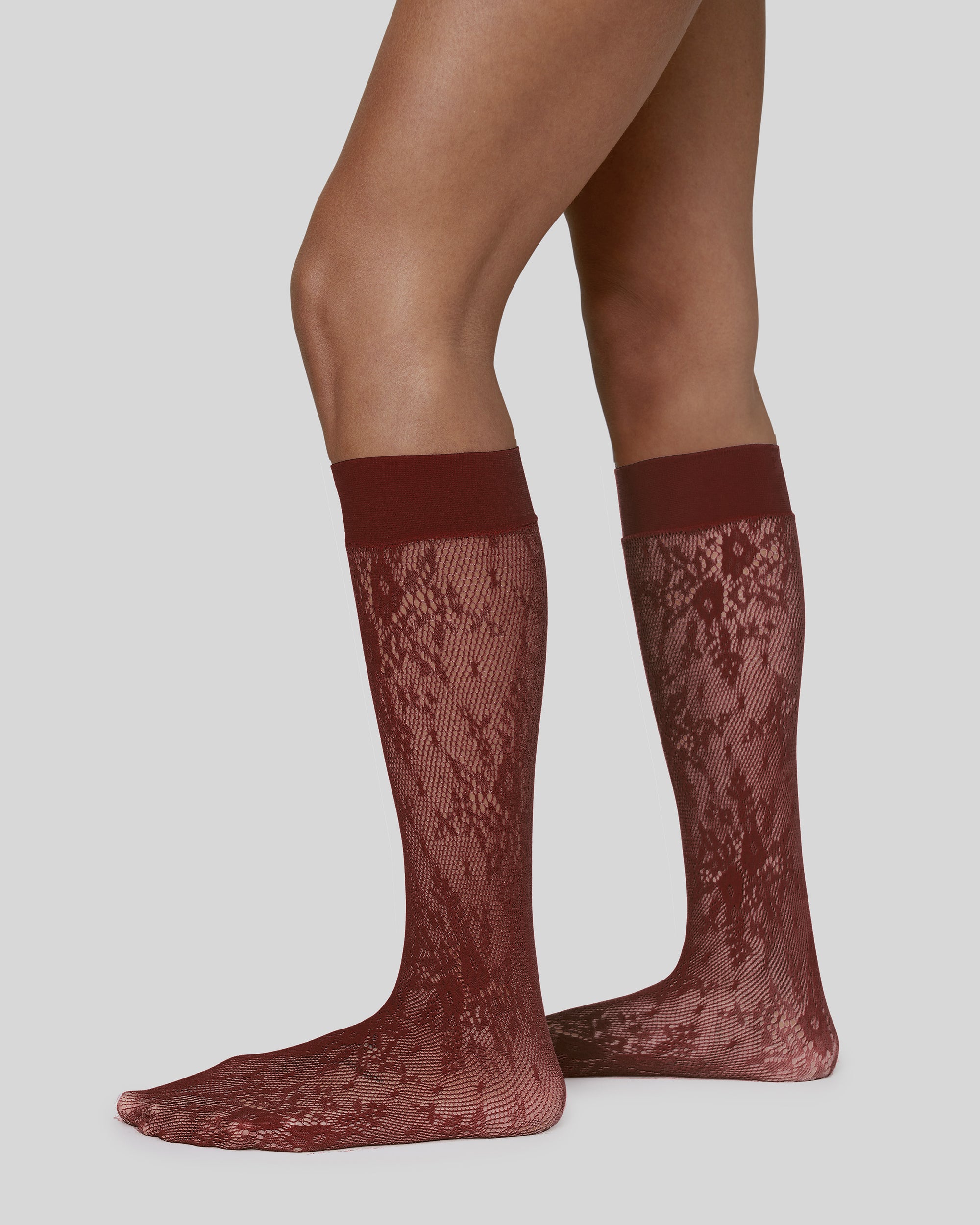 Swedish Stockings Rosa Lace knee-highs in deep red – Available at PERSEI